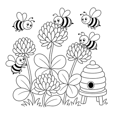 Ausmalbild: fleißige Bienen am Klee beim kleinen Bienenstock