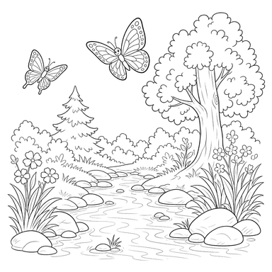 Desenho para colorir: Borboletas perto do riacho florestal