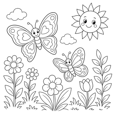 Butterflies in a Sunny Garden: Printable Coloring Page