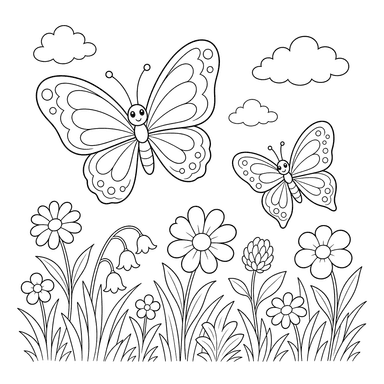 Dibujo para colorear: Mariposas sobre un prado