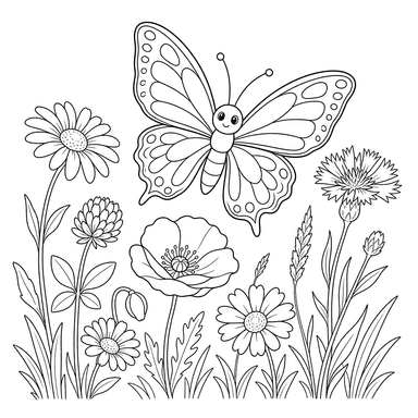 Mariposa entre flores silvestres — dibujo para colorear