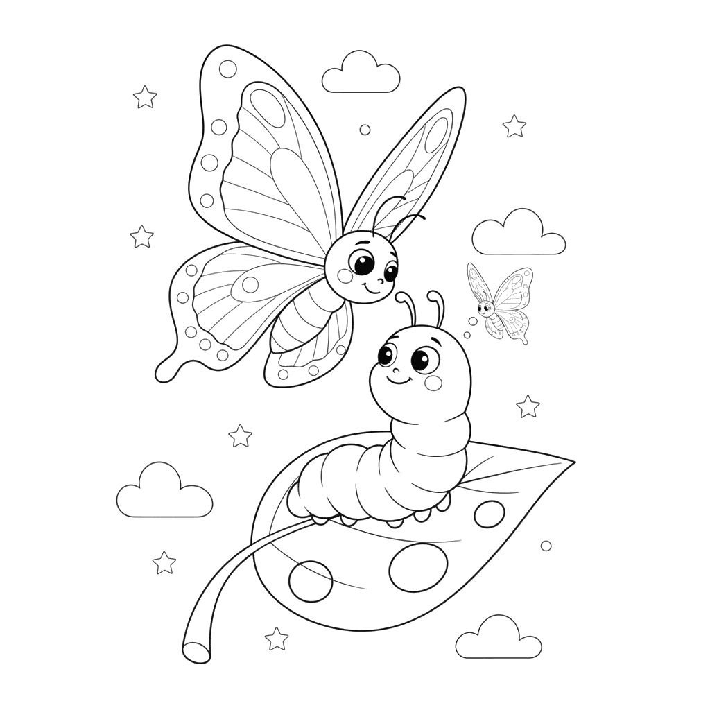 Ausmalbild: Schmetterling und Raupe