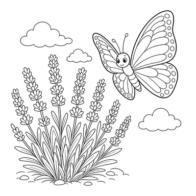Papillon près d’un buisson de lavande — coloriage