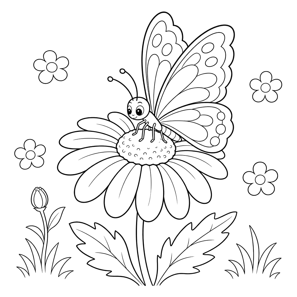 Desenho para colorir: borboleta em um margarida