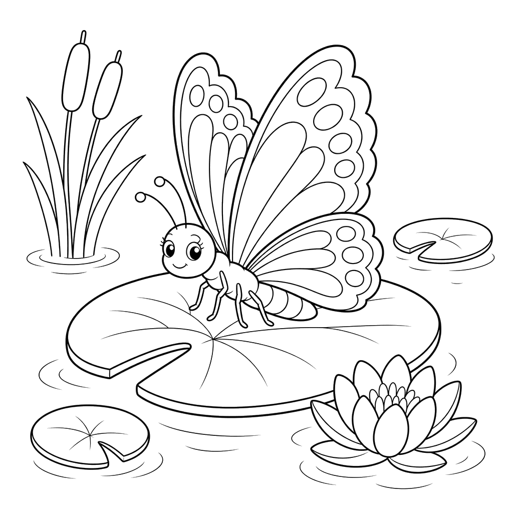 Coloriage: papillon sur nénuphar