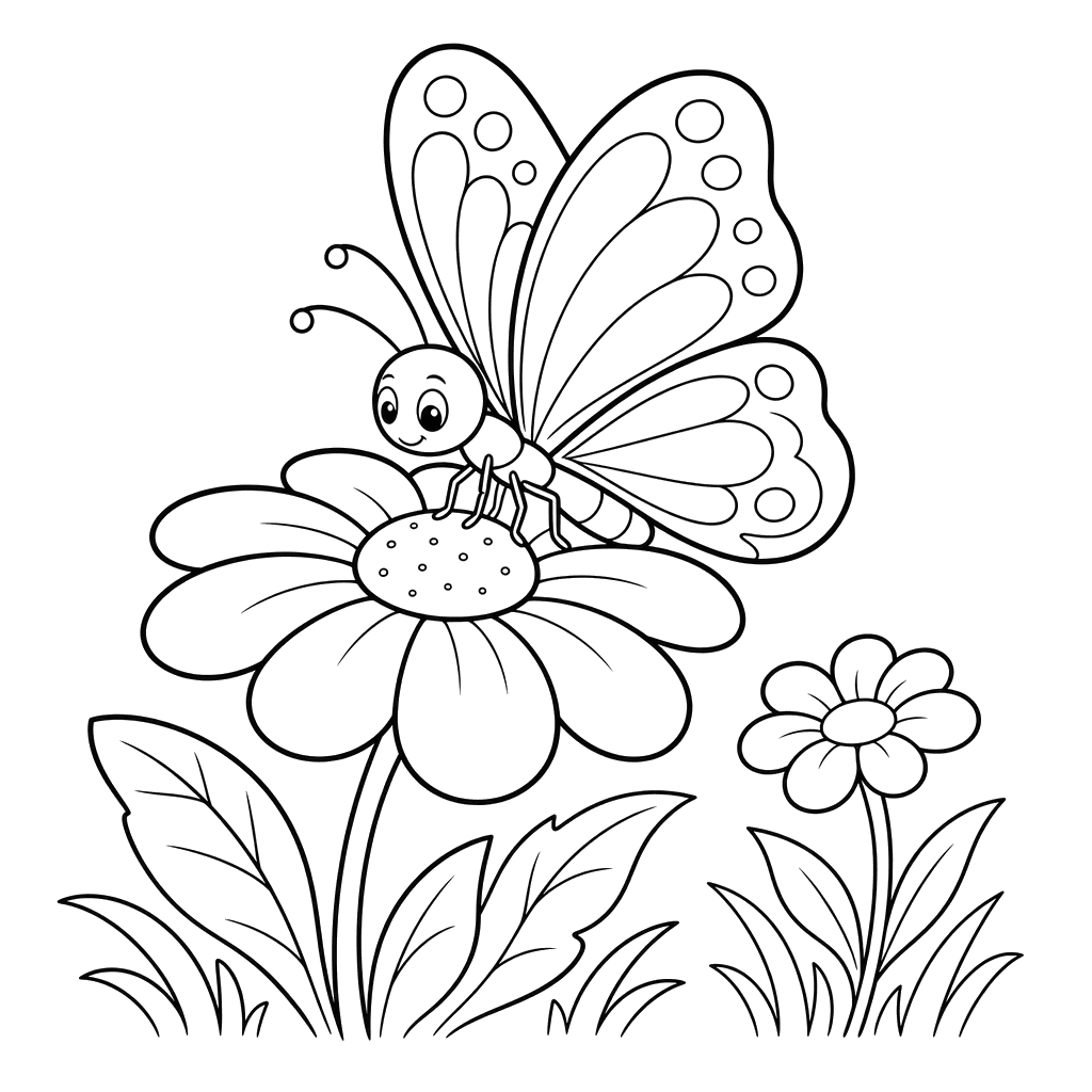 Desenho para colorir: borboleta pousando em uma pétala