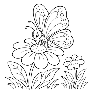Dibujo para colorear: mariposa posándose en un pétalo