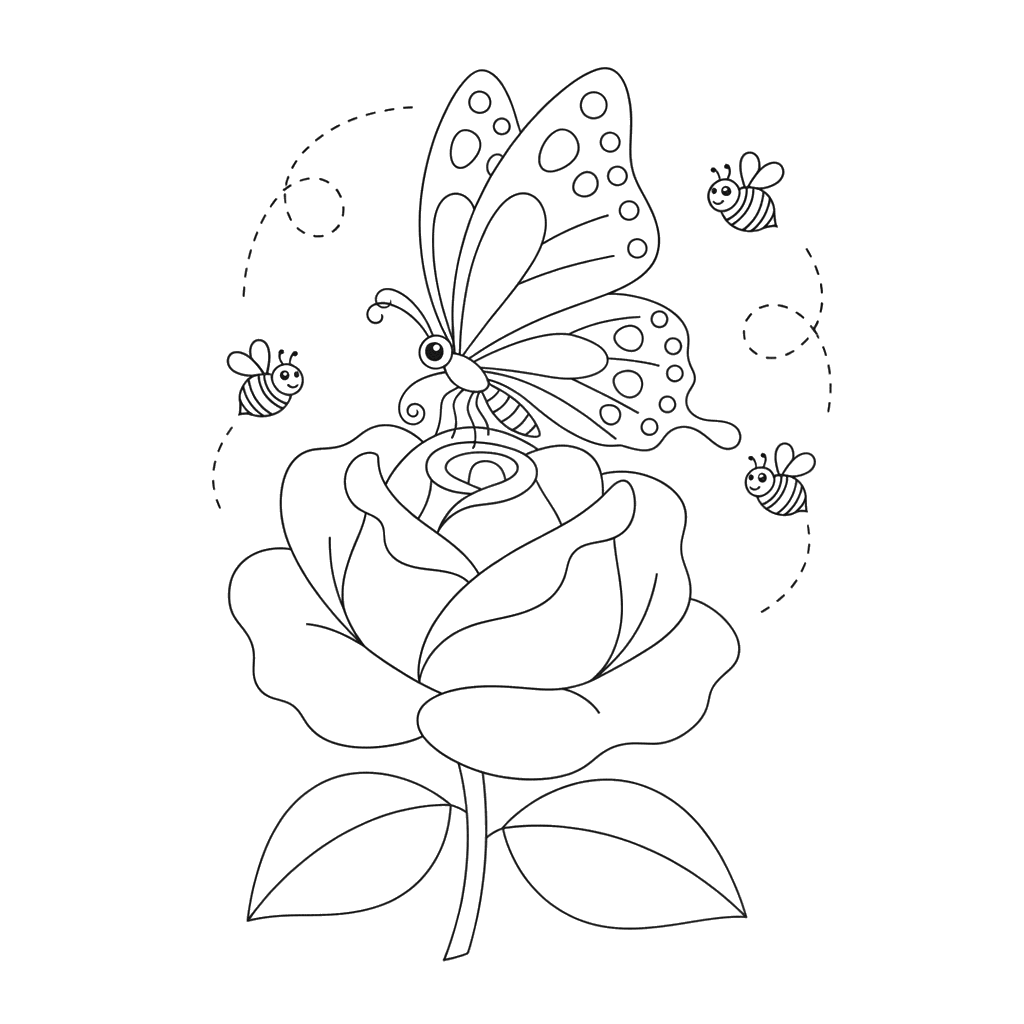 Ausmalbild: Schmetterling auf einer Rose