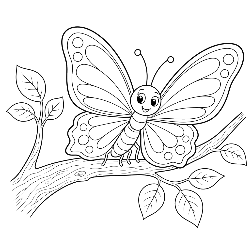 Desenho para colorir: borboleta em um galho de árvore