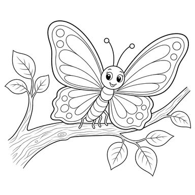 Dibujo para colorear: mariposa en una rama de árbol