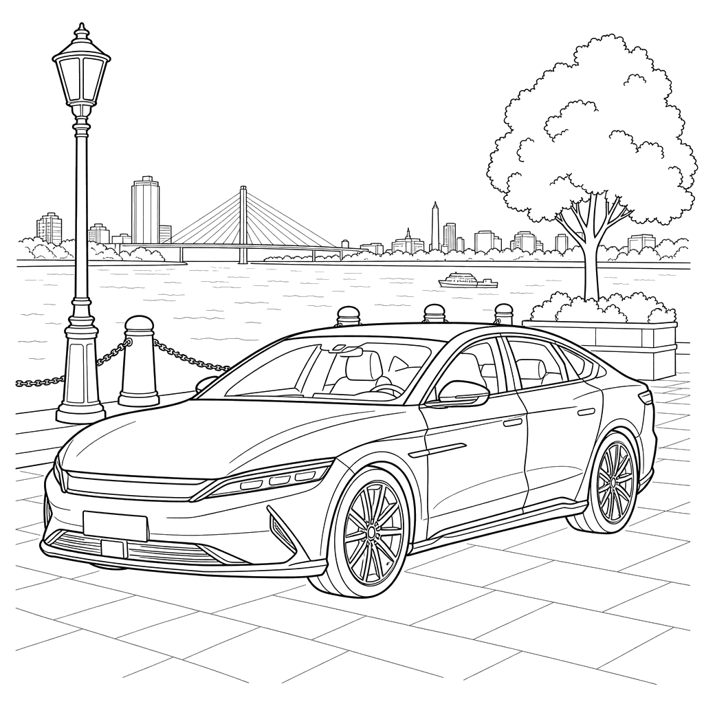 Desenho para colorir: BYD Han na orla marítima