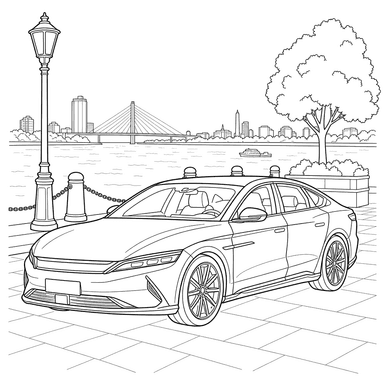 Desenho para colorir: BYD Han na orla marítima