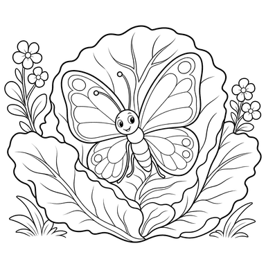 Borboleta em folha de repolho — desenho para colorir