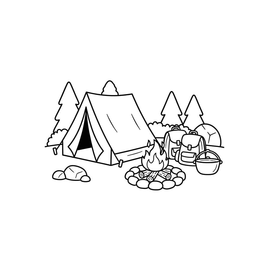 Barraca de camping e fogueira para colorir