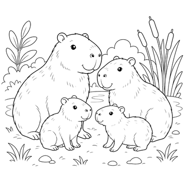Capybara Family Coloring Page