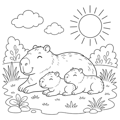 Wasserschwein mit Babys in der Sonne