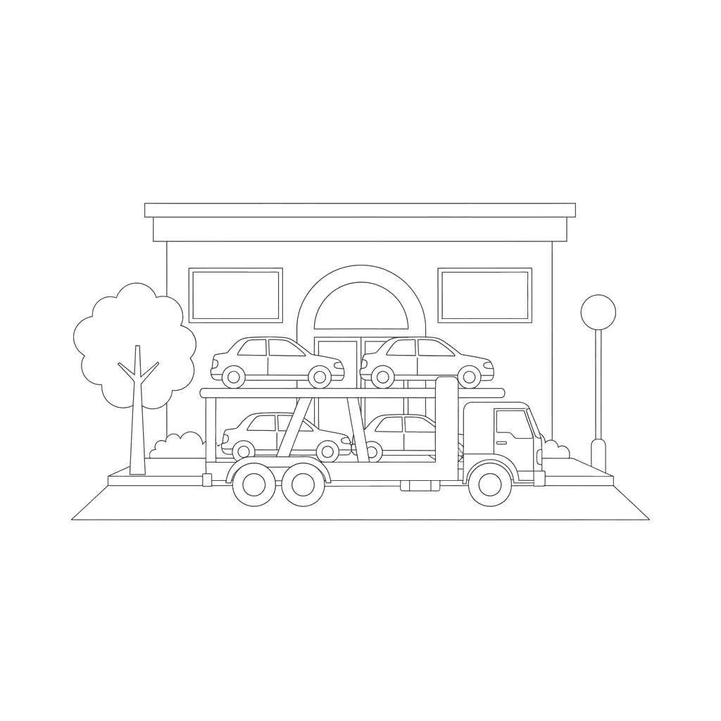 Dibujo para Colorear: Camión transportador de coches en el concesionario