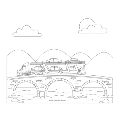 Dibujo para colorear de camión portacoches en un puente
