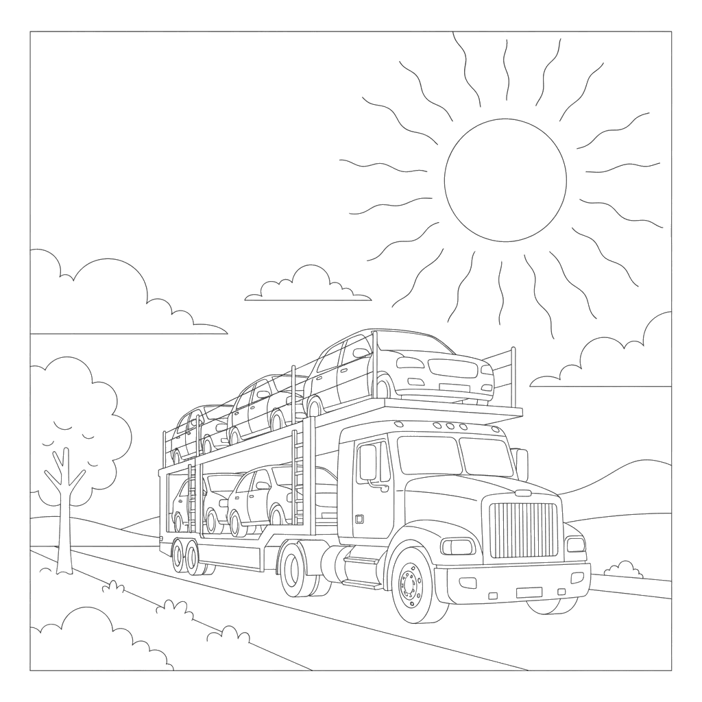 Dibujo para Colorear Camión Portacoches bajo el Sol de Verano