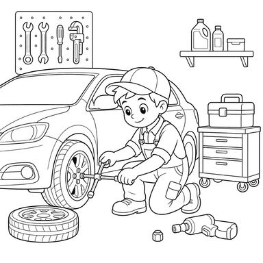 Desenho de Mecânico consertando roda para colorir