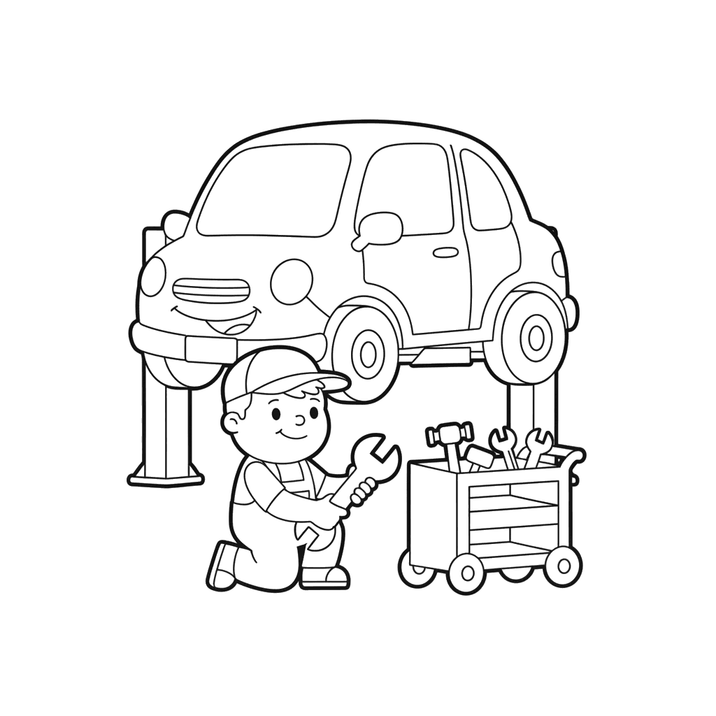 Ausmalbild: Mechaniker in der Autowerkstatt