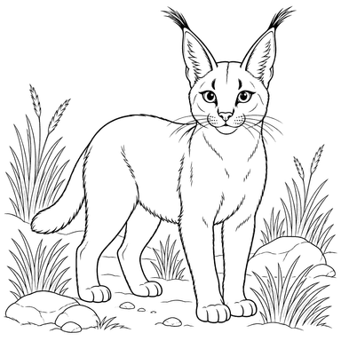 Desenho para colorir de caracal na grama seca
