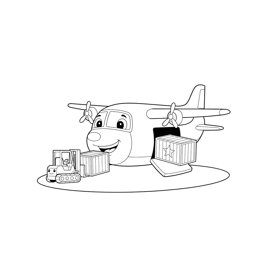 Ausmalbild Frachtflugzeug beim Beladen von Containern