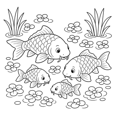 Karpfenfamilie bei Wasserlinsen — Ausmalbild