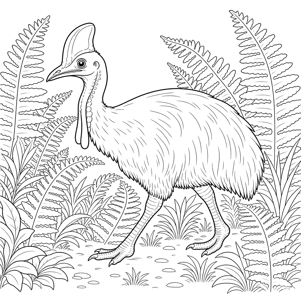 Dibujo para colorear de Casuario en los helechos