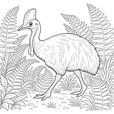 Dibujo para colorear de Casuario en los helechos