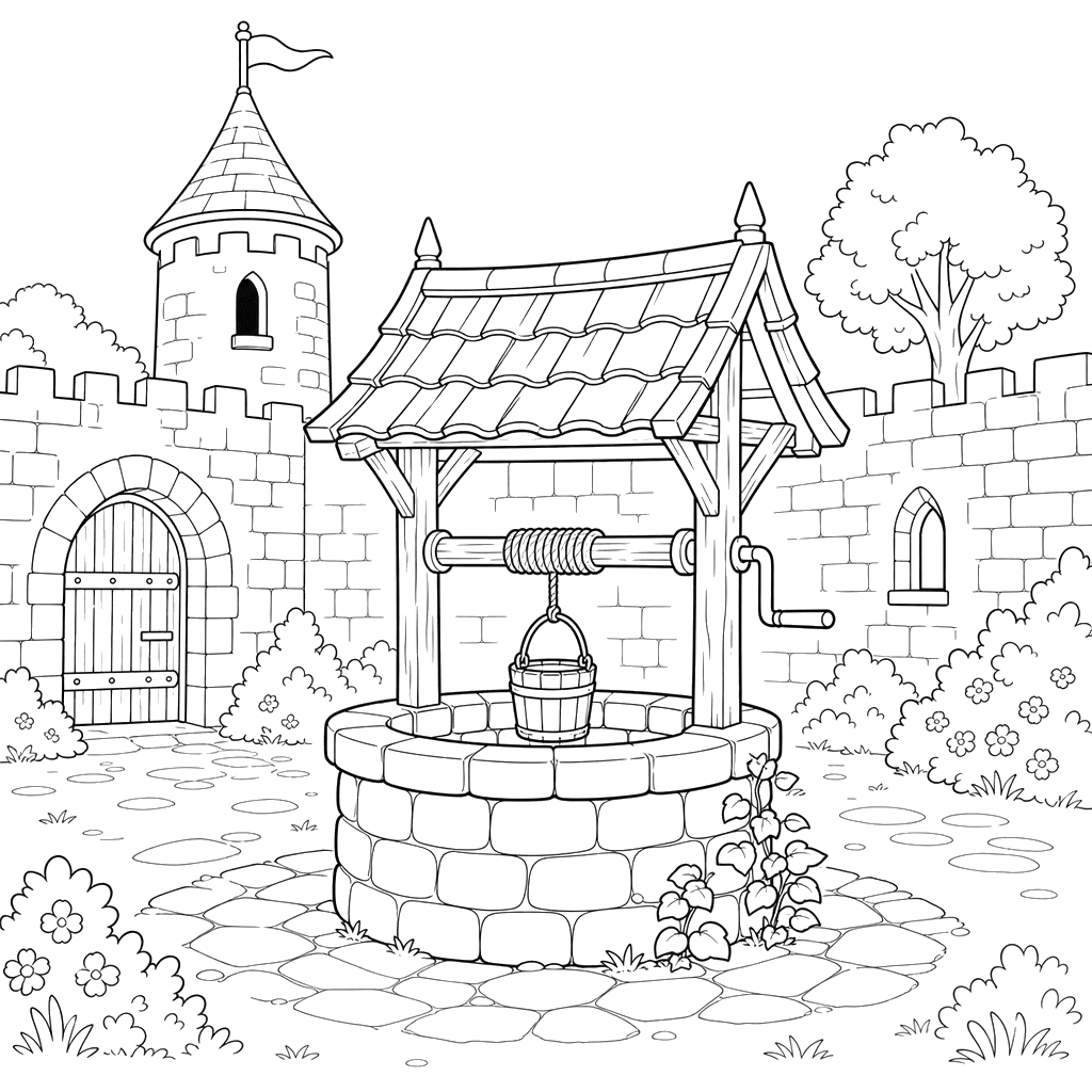 Ausmalbild Steinbrunnen im Burghof