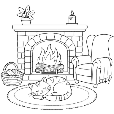 Gato se aquecendo perto da lareira — desenho para colorir