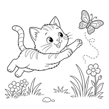 Um gato pega uma borboleta: desenho para colorir