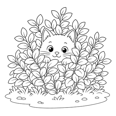 Desenho para colorir: um gato se esconde nos arbustos