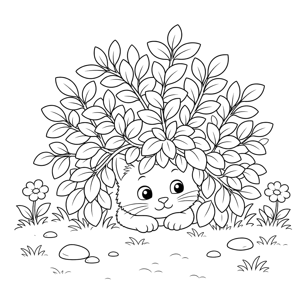 Desenho para colorir: um gato se esconde sob um arbusto