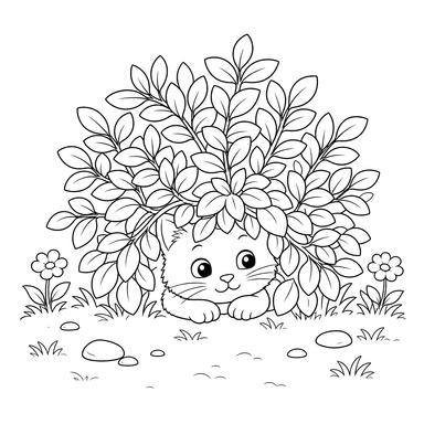 Desenho para colorir: um gato se esconde sob um arbusto