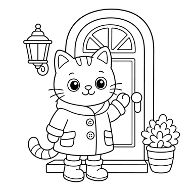 Gato con abrigo junto a la puerta