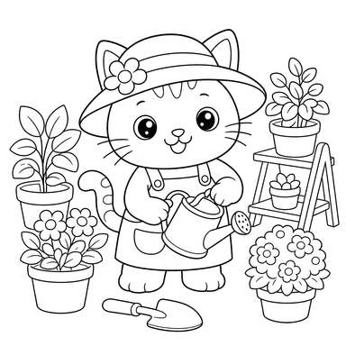 Gato con sombrero en jardín de casa — dibujo para colorear