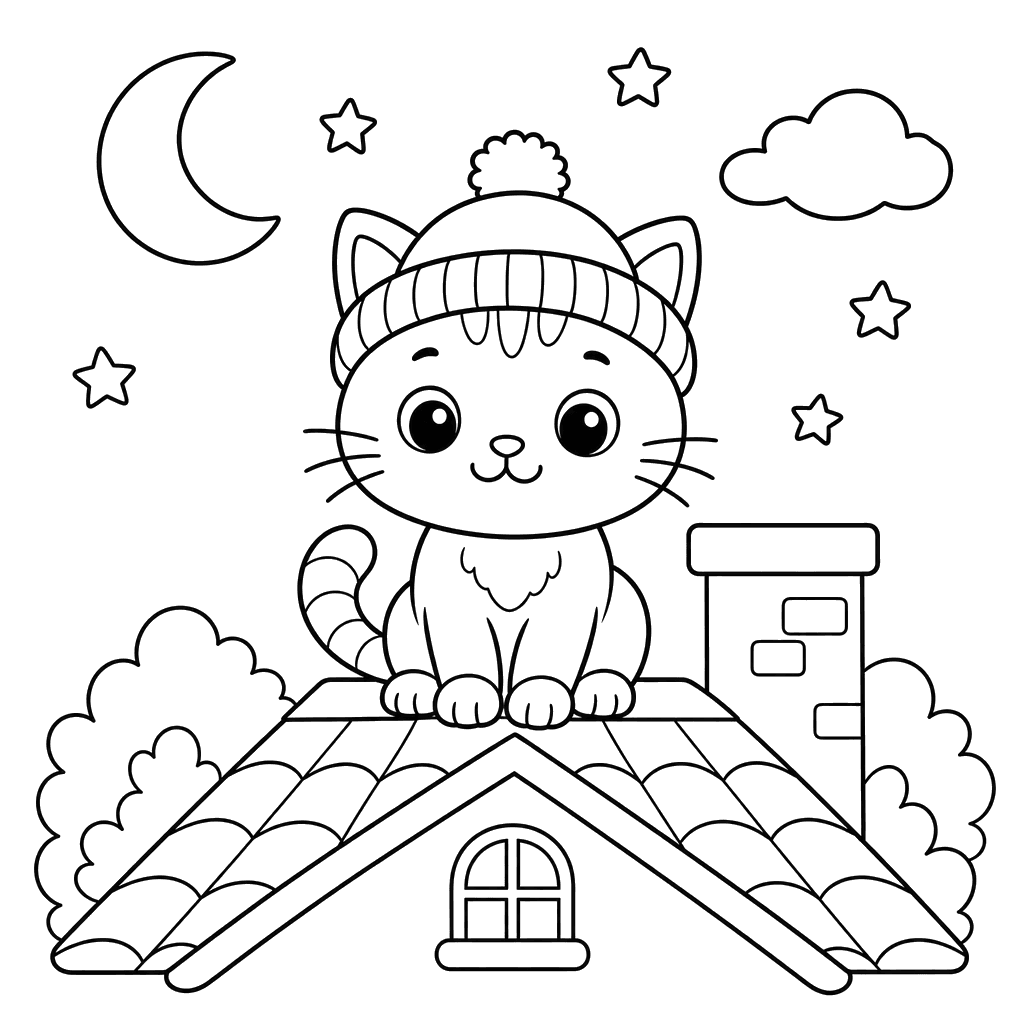 Gato com chapéu no telhado — desenho para colorir