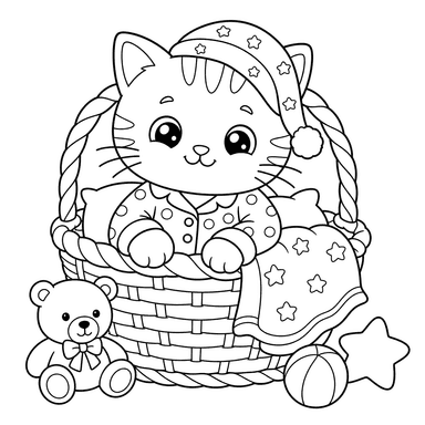 Gato de pijama em cesta trançada — página para colorir