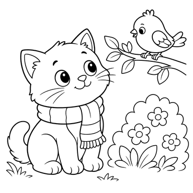 Gato con bufanda mirando un pájaro — dibujo para colorear