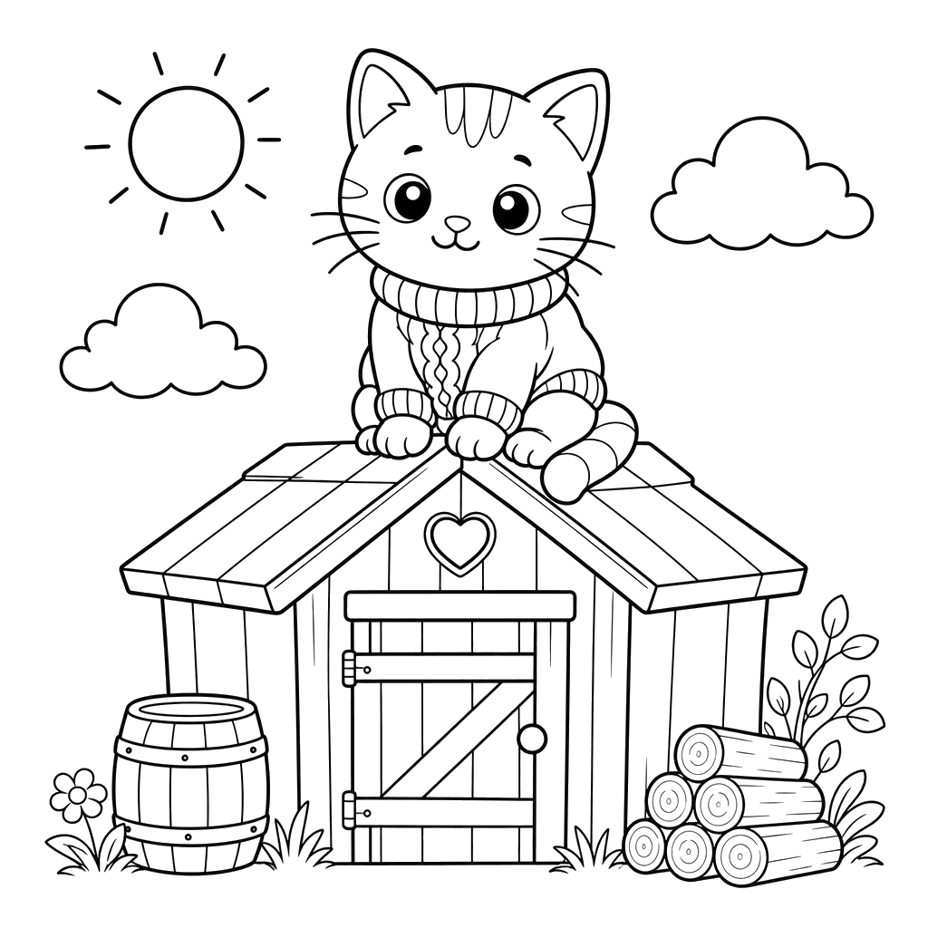 Chat en pull sur le toit de la grange