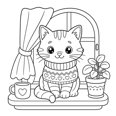 Katze im Pullover auf dem Fensterbrett