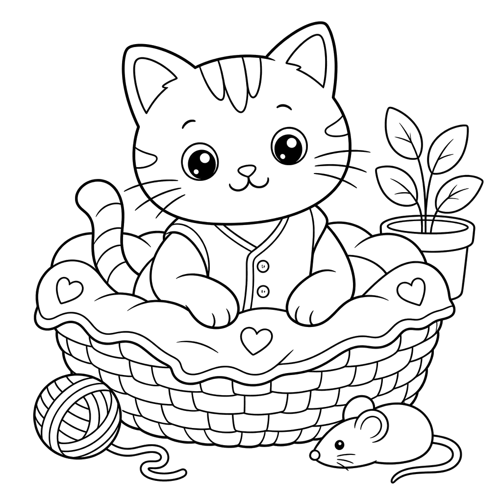 Chat en gilet dans un panier douillet — coloriage