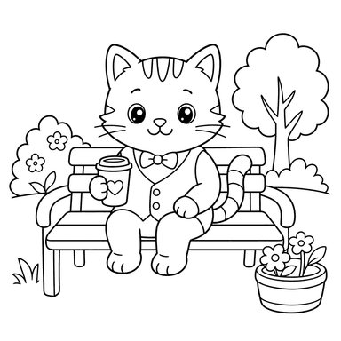 Katze in Weste auf Parkbank