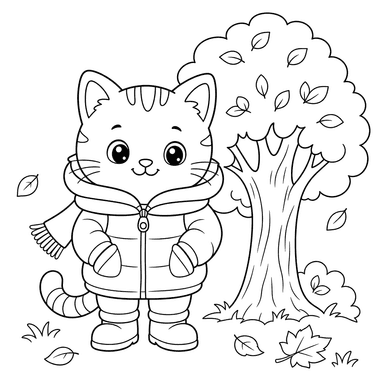 Gato con chaqueta cálida — dibujo para colorear