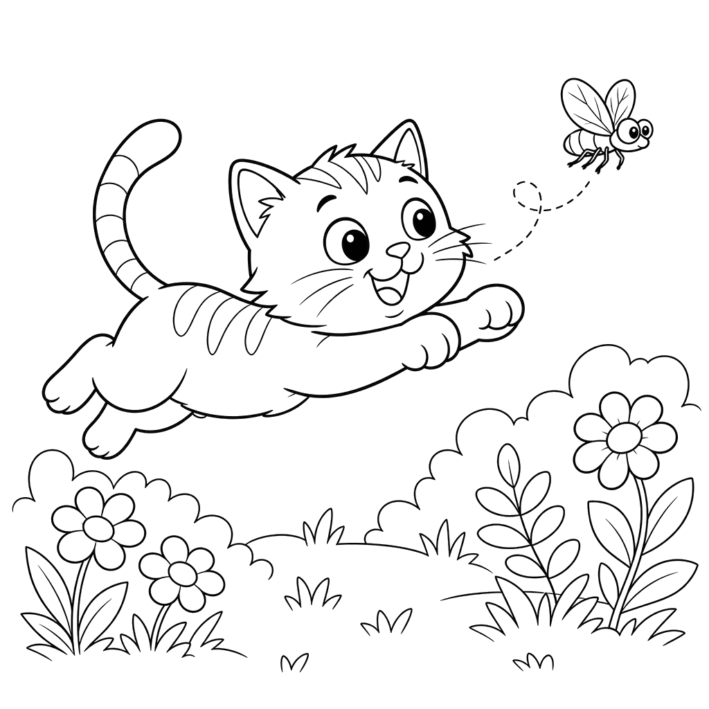 Gato que salta tras una mosca — dibujo para colorear