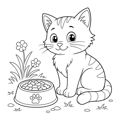 Gato sentado perto de uma tigela de comida — desenho para colorir
