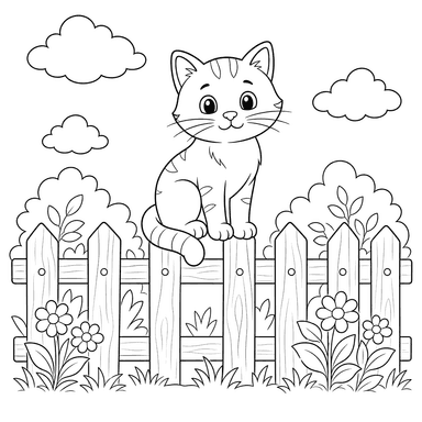 Ausmalbild: Katze sitzt auf einem Zaun