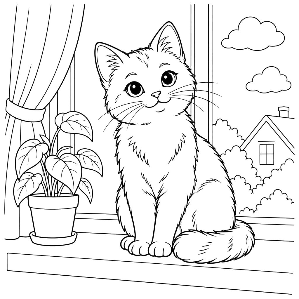 Desenho para colorir de gato na janela